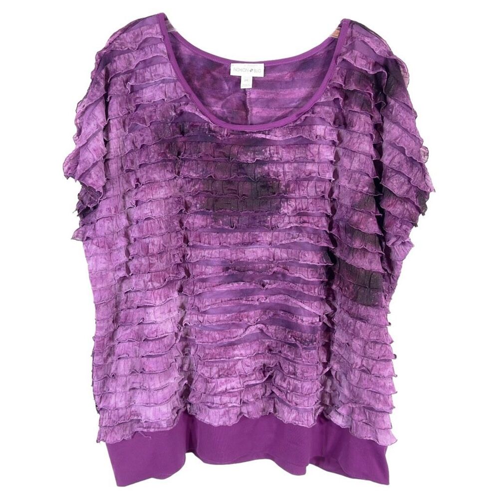 Fashion Bug Plus Size 2X Top Purple Ruffled Short Sleeve‎ Sparkly Banded 1613
